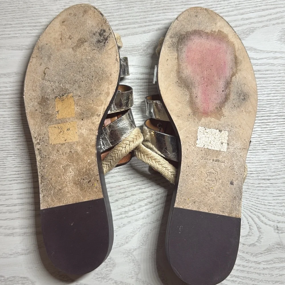 Tory Burch Fisherman Mule Sandals Silver & Tan Leather Slip-On Shoes Size 10M